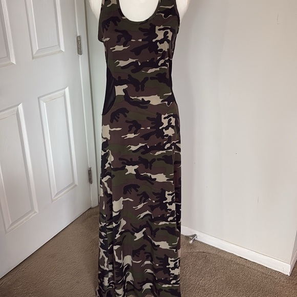 Pat Rego Camo Maxi Dress Size Large Made in USA Stretch Sleeveless - Picture 12 of 13